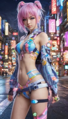 1girl,solo,breasts,looking at viewer,short hair,bangs,blue eyes,gloves,navel,cleavage,bare shoulders,twintails,medium breasts,standing,swimsuit,pink hair,bikini,cowboy shot,outdoors,sky,solo focus,black gloves,elbow gloves,belt,fingerless gloves,pink eyes,stomach,nail polish,lips,thigh strap,night,building,science fiction,city,realistic,road,city lights,cyberpunk,closed mouth,jacket,thighs,parted lips,open clothes,artist name,signature,two side up,highleg,piercing,blue bikini,front-tie bikini top,highleg bikini,navel piercing,street,neon lights