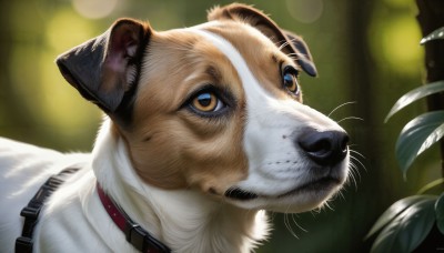 HQ,solo,brown eyes,artist name,signature,blurry,collar,no humans,depth of field,blurry background,animal,leaf,plant,portrait,close-up,dog,realistic,animal focus,whiskers,shirt,closed mouth,yellow eyes,white shirt,red collar,animal collar,shiba inu