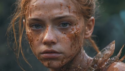 1girl,solo,looking at viewer,short hair,blonde hair,brown hair,brown eyes,closed mouth,parted lips,artist name,signature,blurry,lips,grey eyes,depth of field,blurry background,portrait,close-up,freckles,realistic,eyelashes,watermark,expressionless,nose,dirty