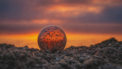 outdoors, sky, cloud, blurry, no humans, cloudy sky, scenery, sunset, sun, planet, orange sky, red sky