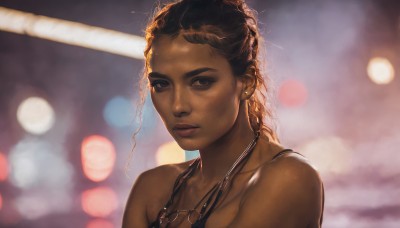 1girl,solo,long hair,looking at viewer,brown hair,black hair,bare shoulders,brown eyes,jewelry,upper body,earrings,dark skin,necklace,blurry,dark-skinned female,lips,depth of field,blurry background,messy hair,portrait,freckles,realistic,nose,very dark skin,collarbone,backlighting