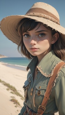 1girl,solo,long hair,looking at viewer,bangs,brown hair,shirt,long sleeves,hat,brown eyes,jewelry,closed mouth,jacket,upper body,earrings,outdoors,sky,day,belt,medium hair,water,blurry,blue sky,lips,buttons,depth of field,blurry background,ocean,beach,buckle,zipper,freckles,pocket,sun hat,belt buckle,green jacket,realistic,nose,sand,brown headwear,straw hat,stud earrings,brown belt,denim jacket,collared shirt,signature,uniform,military,eyelashes,military uniform,sunlight,thick eyebrows,breast pocket