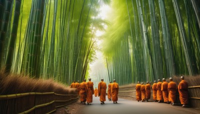 outdoors,japanese clothes,multiple boys,day,no humans,sunlight,nature,scenery,forest,walking,6+boys,bamboo,bamboo forest,6+others,male focus,kimono,from behind,road,bald