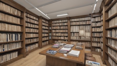 indoors,book,no humans,table,scenery,wooden floor,bookshelf,shelf,book stack,library,ceiling,ladder,ceiling light,light,lamp