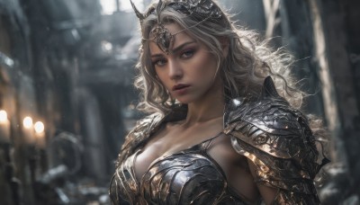 1girl,solo,long hair,breasts,looking at viewer,blue eyes,blonde hair,large breasts,cleavage,medium breasts,closed mouth,collarbone,upper body,white hair,grey hair,outdoors,pointy ears,armor,blurry,lips,eyelashes,makeup,depth of field,blurry background,wavy hair,tiara,elf,shoulder armor,snow,pauldrons,circlet,breastplate,snowing,realistic,nose,red lips,bikini armor,jewelry,parted lips,grey eyes,expressionless,sunlight,curly hair,bokeh