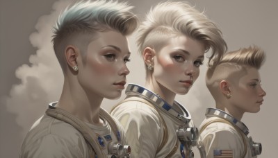 looking at viewer,short hair,blonde hair,brown eyes,jewelry,upper body,grey hair,male focus,earrings,parted lips,multiple boys,cloud,dark skin,from side,lips,looking to the side,profile,multiple views,realistic,nose,undercut,american flag,spacesuit,astronaut,1girl,blush,closed mouth,grey background,piercing,portrait,freckles,science fiction,very short hair,mohawk