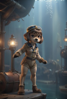 1girl,solo,smile,short hair,bangs,blue eyes,brown hair,shirt,long sleeves,hat,animal ears,brown eyes,closed mouth,standing,jacket,full body,boots,shorts,belt,artist name,signature,water,star (symbol),blurry,black eyes,brown footwear,sunlight,furry,blue headwear,animal hands,light rays,lantern,furry female,light,lamp,lamppost,looking at viewer,gloves,1boy,male focus,fur trim,blurry background,thick eyebrows,goggles,dog ears,brown jacket,furry male,brown pants,animal nose,brown fur,dog boy,spotlight,light bulb