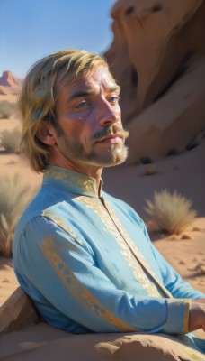 solo,looking at viewer,short hair,blue eyes,blonde hair,long sleeves,1boy,sitting,closed mouth,upper body,male focus,outdoors,sky,day,blurry,blue sky,lips,facial hair,blue shirt,beard,headwear removed,realistic,nose,mustache,old,old man,desert,wheat,shirt,from side,pillow