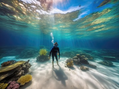 solo,1boy,hat,standing,male focus,outdoors,sky,day,cloud,water,from behind,shadow,ocean,beach,sunlight,scenery,smoke,fish,cigarette,rock,underwater,sand,smoking,coral,bodysuit,helmet,bubble,light rays,silhouette,air bubble