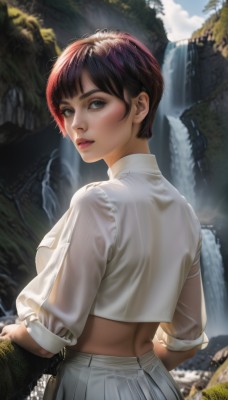 1girl,solo,breasts,looking at viewer,short hair,bangs,blue eyes,skirt,brown hair,shirt,brown eyes,closed mouth,white shirt,red hair,outdoors,day,midriff,looking back,pants,water,from behind,lips,crop top,wet,see-through,grey eyes,back,wet clothes,realistic,nose,waterfall,black hair,medium breasts,upper body,pleated skirt,parted lips,sky,bag,eyelashes,makeup,rock,handbag