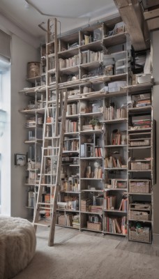 indoors,book,no humans,window,chair,table,sunlight,plant,box,scenery,wooden floor,stairs,door,bookshelf,potted plant,lamp,shelf,library,ceiling,ladder,ceiling light,air conditioner