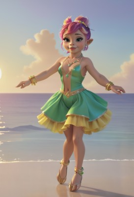 1girl,solo,breasts,looking at viewer,smile,short hair,blue eyes,hair ornament,dress,navel,bare shoulders,jewelry,standing,collarbone,full body,pink hair,earrings,small breasts,outdoors,parted lips,sky,day,pointy ears,artist name,cloud,dark skin,water,necklace,hair bun,nail polish,bracelet,dark-skinned female,blue sky,lips,ocean,watermark,beach,sandals,single hair bun,outstretched arms,green skirt,backlighting,toenails,green dress,sunset,center opening,sand,anklet,sun,horizon,bangle,no humans,scenery