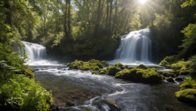 outdoors,sky,day,water,tree,no humans,sunlight,nature,scenery,forest,light rays,rock,sun,sunbeam,river,waterfall,landscape,stream