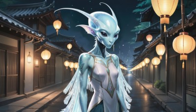 1girl,solo,breasts,dress,jewelry,purple eyes,small breasts,outdoors,sky,night,colored skin,monster girl,building,colored sclera,lantern,blue skin,architecture,head fins,east asian architecture,paper lantern,alien,fins,fish girl,zora,looking at viewer,bare shoulders,closed mouth,upper body,pointy ears,shiny,black eyes,tattoo,gem,night sky,green skin