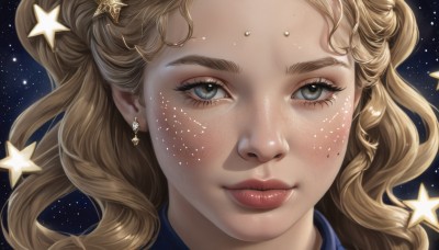 1girl,solo,long hair,looking at viewer,smile,blue eyes,blonde hair,hair ornament,jewelry,closed mouth,earrings,sky,star (symbol),lips,grey eyes,eyelashes,wavy hair,facial mark,portrait,star (sky),starry sky,freckles,realistic,nose,space,blush,brown hair,close-up,forehead mark,star earrings,constellation