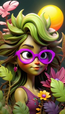 1girl,solo,long hair,smile,bare shoulders,jewelry,closed mouth,collarbone,upper body,flower,earrings,green hair,glasses,pointy ears,artist name,black eyes,lips,makeup,colored skin,leaf,watermark,moon,plant,lipstick,monster girl,pink flower,green skin,vines,pink-framed eyewear,plant girl,breasts,hair ornament,brown eyes,sleeveless,hair flower,eyelashes,sunglasses,tank top,web address,freckles,sun,purple-framed eyewear