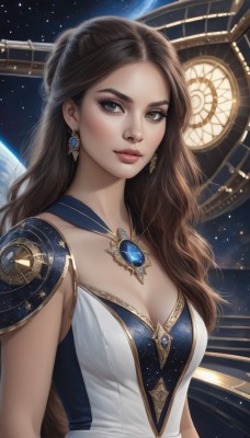 1girl,solo,long hair,breasts,looking at viewer,smile,brown hair,dress,cleavage,brown eyes,jewelry,medium breasts,closed mouth,upper body,earrings,sleeveless,artist name,necklace,star (symbol),white dress,armor,lips,makeup,wavy hair,shoulder armor,gem,star (sky),starry sky,realistic,nose,clock,space,planet,earth (planet),constellation,wings,eyelashes,blue dress