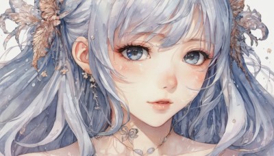 1girl,solo,long hair,looking at viewer,blush,bangs,blue eyes,simple background,hair ornament,white background,bare shoulders,jewelry,blue hair,collarbone,flower,grey hair,earrings,parted lips,hair flower,necklace,lips,grey eyes,eyelashes,feathers,portrait,close-up,grey background,shell