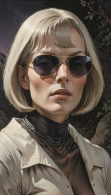 1girl,solo,breasts,looking at viewer,short hair,bangs,blonde hair,shirt,jewelry,jacket,upper body,white hair,earrings,parted lips,open clothes,teeth,sweater,lips,makeup,turtleneck,piercing,sunglasses,bob cut,white jacket,portrait,turtleneck sweater,realistic,nose,stud earrings,tinted eyewear,outdoors,black shirt,night,leaf