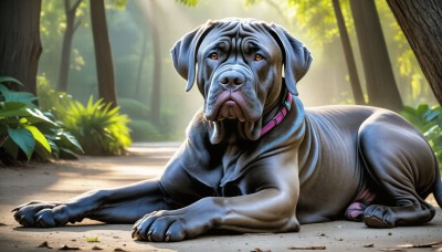 HQ,solo,brown eyes,full body,outdoors,lying,day,collar,tree,no humans,animal,leaf,sunlight,plant,on stomach,nature,forest,dog,light rays,realistic,animal focus,animal collar,looking at viewer,tongue,bush