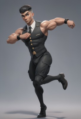 solo,looking at viewer,smile,short hair,shirt,black hair,1boy,closed mouth,full body,male focus,necktie,shorts,sleeveless,pants,artist name,dark skin,black footwear,black eyes,vest,muscular,thick thighs,black pants,formal,leg up,dark-skinned male,standing on one leg,thick eyebrows,pectorals,muscular male,bara,black necktie,large pectorals,bulge,black vest,manly,undercut,biceps,thick arms,flexing,simple background,standing,white shirt,thighs,shoes,collared shirt,wristband,watch,wristwatch