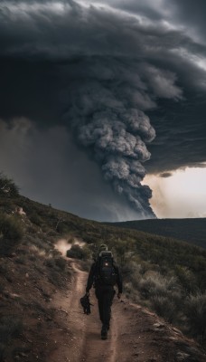 solo,1boy,holding,standing,male focus,outdoors,sky,cloud,bag,from behind,tree,military,backpack,helmet,cloudy sky,grass,nature,scenery,1other,smoke,walking,science fiction,ambiguous gender,spacesuit,1girl,gloves,wide shot,landscape,astronaut