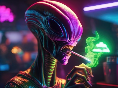 solo,1boy,holding,upper body,male focus,teeth,artist name,signature,blurry,no humans,blurry background,colored skin,sharp teeth,smoke,monster,cigarette,smoking,alien,from side,neon lights