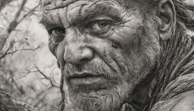 solo,1boy,closed mouth,monochrome,greyscale,male focus,tree,facial hair,chain,portrait,beard,close-up,realistic,mustache,manly,old,old man,bare tree,looking at viewer,scar,scar on face,scar across eye,branch