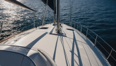 solo,outdoors,day,water,no humans,shadow,ocean,scenery,reflection,railing,watercraft,bridge,railroad tracks,signature,ship,waves,boat