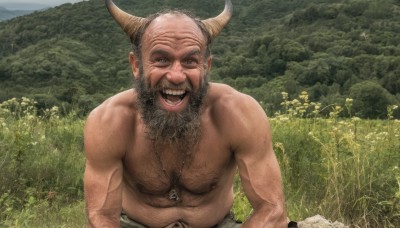 solo,looking at viewer,smile,open mouth,1boy,navel,jewelry,upper body,male focus,outdoors,horns,teeth,necklace,facial hair,nature,beard,topless male,realistic,field,old,chest hair,old man,arm hair,:d,sky,day,tree,grey eyes,grass,pectorals,scenery,forest,mountain,bald