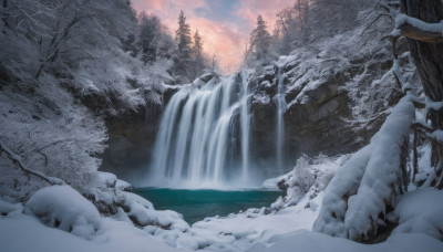 outdoors, sky, cloud, water, tree, no humans, nature, scenery, snow, forest, rock, mountain, waterfall, landscape