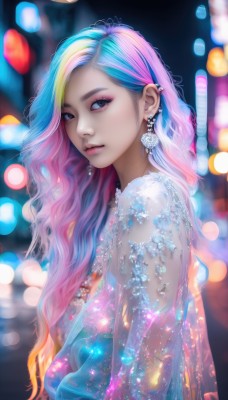 1girl,solo,long hair,looking at viewer,blue eyes,blonde hair,dress,brown eyes,jewelry,closed mouth,blue hair,upper body,pink hair,multicolored hair,earrings,blurry,black eyes,from side,two-tone hair,lips,see-through,looking to the side,eyelashes,gradient hair,makeup,depth of field,blurry background,piercing,gem,ear piercing,eyeshadow,realistic,nose,bokeh,rainbow hair,artist name,necklace,grey eyes,watermark,wavy hair,lipstick,web address,mascara