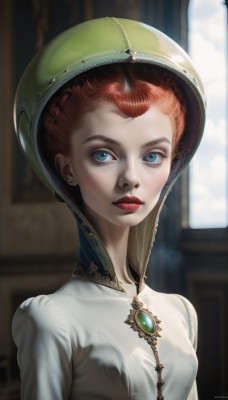 1girl,solo,breasts,looking at viewer,short hair,blue eyes,dress,jewelry,closed mouth,upper body,red hair,earrings,small breasts,artist name,blurry,lips,window,makeup,blurry background,helmet,lipstick,gem,realistic,nose,red lips,braid,indoors,signature,eyelashes,brooch,portrait,stud earrings