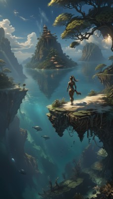 1girl,solo,long hair,standing,outdoors,sky,day,cloud,dark skin,water,tree,blue sky,bird,sunlight,nature,scenery,fish,light rays,mountain,fantasy,sunbeam,waterfall,landscape,floating island,black hair,ponytail,ass,from behind,dark-skinned female,underwater