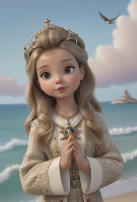 1girl,solo,long hair,looking at viewer,smile,brown hair,long sleeves,dress,brown eyes,jewelry,closed mouth,upper body,outdoors,sky,day,cloud,water,necklace,blurry,blue sky,lips,depth of field,blurry background,bird,ocean,beach,light brown hair,cloudy sky,own hands together,tiara,crown,gem,forehead,horizon,watercraft,ship,seagull,lighthouse,blush,artist name,wide sleeves,wavy hair,cross