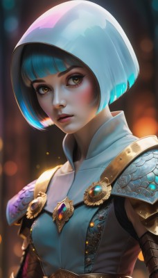 1girl,solo,breasts,looking at viewer,short hair,bangs,black hair,brown eyes,jewelry,blue hair,upper body,multicolored hair,small breasts,parted lips,artist name,hood,blunt bangs,armor,blurry,two-tone hair,lips,eyelashes,makeup,blurry background,bob cut,shoulder armor,gem,pauldrons,nose,yellow eyes,orange eyes,thick eyebrows,backlighting,shoulder pads