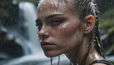 1girl, solo, looking at viewer, blue eyes, parted lips, water, blurry, lips, wet, grey eyes, depth of field, blurry background, portrait, rain, realistic, nose, wet hair