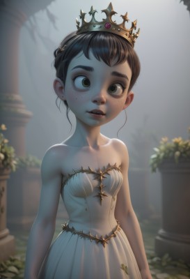 1girl,solo,breasts,looking at viewer,short hair,brown hair,dress,bare shoulders,brown eyes,jewelry,collarbone,earrings,small breasts,outdoors,parted lips,teeth,white dress,blurry,lips,bare arms,strapless,tiara,crown,plant,child,strapless dress,freckles,wide-eyed,arms at sides,female child,pillar,black hair,green eyes,upper body,artist name,depth of field,realistic,princess