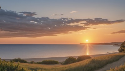 outdoors,sky,cloud,water,tree,no humans,bird,ocean,sunlight,cloudy sky,grass,nature,scenery,sunset,mountain,sun,horizon,river,landscape,orange sky,hill,beach,forest,gradient sky,shore