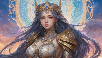 1girl,solo,long hair,breasts,looking at viewer,blue eyes,black hair,hair ornament,cleavage,jewelry,medium breasts,closed mouth,blue hair,upper body,earrings,sky,cloud,armor,lips,expressionless,cloudy sky,crown,shoulder armor,gem,pauldrons,realistic,fantasy,red lips,shoulder pads,gold armor,very long hair,outdoors,breastplate