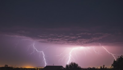 outdoors,sky,cloud,tree,no humans,cloudy sky,building,nature,scenery,forest,sunset,electricity,lightning,night,horizon,dark,landscape