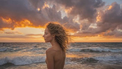 1girl,solo,long hair,breasts,brown hair,medium breasts,closed mouth,upper body,nude,small breasts,outdoors,sky,cloud,dark skin,water,from side,dark-skinned female,lips,wet,completely nude,sideboob,profile,ocean,beach,cloudy sky,messy hair,freckles,sunset,realistic,horizon,waves,brown eyes,floating hair,back,wind,scenery,evening