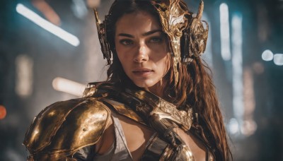 1girl,solo,long hair,looking at viewer,brown hair,brown eyes,closed mouth,upper body,armor,blurry,lips,blurry background,headgear,shoulder armor,portrait,science fiction,pauldrons,realistic,nose,blue eyes,black hair,depth of field,shoulder pads