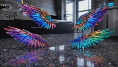 wings,indoors,blurry,no humans,window,depth of field,bird,scenery,reflection,reflective floor,day,blurry background,feathers,feathered wings,rain,water drop,door,blue wings,colorful,multiple wings,hallway,multicolored wings,spread wings,blue feathers