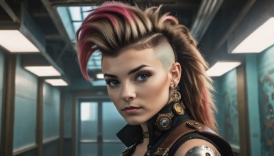 1girl,solo,long hair,looking at viewer,blonde hair,brown hair,brown eyes,jewelry,closed mouth,pink hair,red hair,multicolored hair,earrings,indoors,blurry,two-tone hair,lips,streaked hair,makeup,portrait,eyeshadow,science fiction,realistic,nose,eyeliner,leather,undercut,cyborg,cyberpunk,upper body,choker,collar,eyelashes,piercing,asymmetrical hair,mohawk