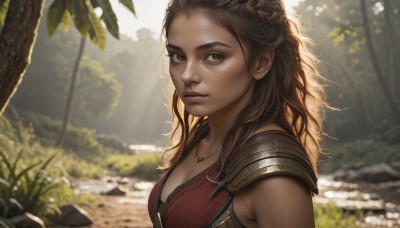 1girl,solo,long hair,breasts,looking at viewer,brown hair,cleavage,brown eyes,jewelry,medium breasts,closed mouth,upper body,braid,small breasts,outdoors,sleeveless,day,dark skin,necklace,armor,blurry,from side,dark-skinned female,tree,lips,eyelashes,depth of field,blurry background,wavy hair,sunlight,plant,shoulder armor,nature,forest,curly hair,pauldrons,realistic,nose,leaf,dappled sunlight