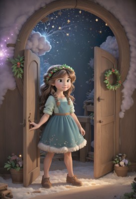 1girl,solo,long hair,smile,brown hair,dress,brown eyes,standing,braid,flower,short sleeves,outdoors,sky,shoes,cloud,indoors,star (symbol),twin braids,tree,window,night,blue dress,brown footwear,plant,child,star (sky),night sky,christmas,starry sky,door,potted plant,head wreath,house,open door,doorway,blush,hair ornament,closed mouth,full body,artist name,signature,hair flower,lips,leaf,wavy hair,frilled dress,side braid,cross-laced footwear,female child,vines,no socks,flower pot,wreath,ivy