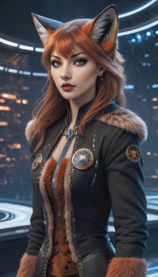 1girl,solo,long hair,breasts,looking at viewer,bangs,brown hair,long sleeves,animal ears,brown eyes,jewelry,jacket,upper body,earrings,parted lips,open clothes,necklace,orange hair,blurry,open jacket,lips,black jacket,animal ear fluff,grey eyes,fur trim,fox ears,makeup,blurry background,lipstick,fox girl,zipper,red lips,fur-trimmed jacket,leather,leather jacket,cleavage,medium breasts,artist name,pendant,realistic,badge