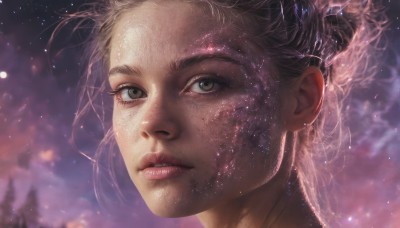 1girl,solo,looking at viewer,short hair,blonde hair,brown hair,brown eyes,green eyes,outdoors,parted lips,sky,artist name,blurry,lips,eyelashes,night,blurry background,watermark,moon,portrait,star (sky),night sky,close-up,starry sky,freckles,realistic,nose,grey eyes