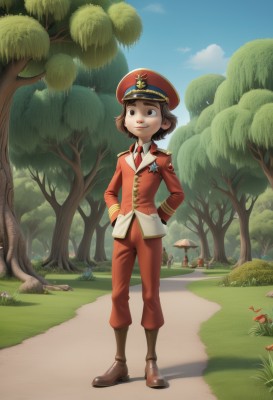 1girl,solo,smile,short hair,brown hair,shirt,long sleeves,hat,brown eyes,closed mouth,standing,jacket,full body,white shirt,flower,boots,outdoors,necktie,sky,day,collared shirt,pants,cloud,uniform,black eyes,tree,blue sky,military,military uniform,brown footwear,grass,red necktie,nature,peaked cap,red headwear,red jacket,forest,epaulettes,hands on hips,military hat,hands in pockets,brown pants,mushroom,red pants,soldier,path,multiple girls,solo focus,shadow,umbrella,road,military jacket